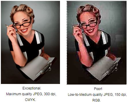 side by side picture demonstrating high quality vs low quality using a stock image of a woman in glasses