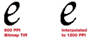 comparison of a 600ppi bitmap tiff and the same image that has been interpolated to 1200ppi