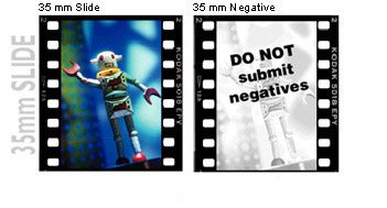 35mm slide of a robot and a 35mm slide not accepted notice