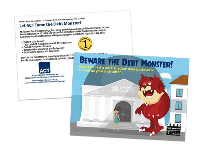 5x7 postcard product image showing a get out of debt company with a fun monster design on the front