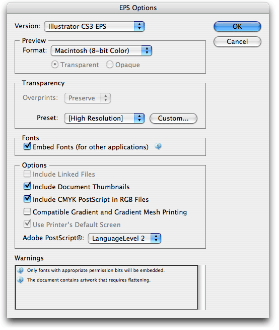 adobe illustrator eps export options embedded fonts