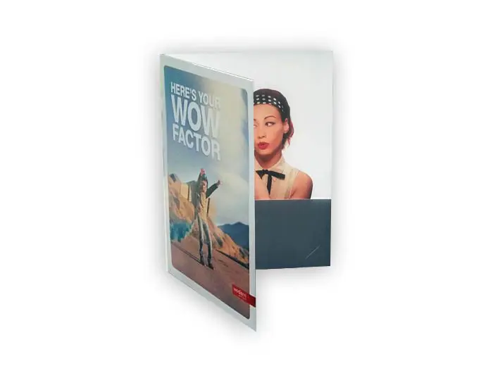 presentation folder product image with a kid playing rocket on front and a woman on the inside cover