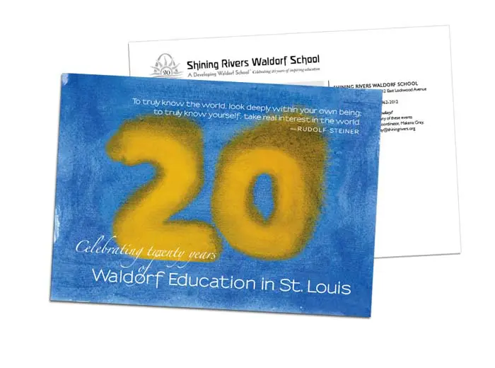 deluxe postcard product image showing an artistic 20 design for a school mailer