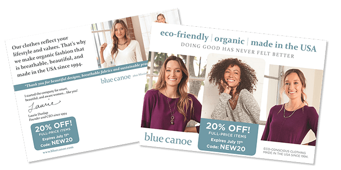 postcard mailer from blue canoe front and back side