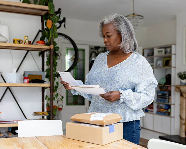 The Fundamentals of Direct Mail Retargeting - Webinar. Image shows a woman at home reading Direct Mail through Retargeting