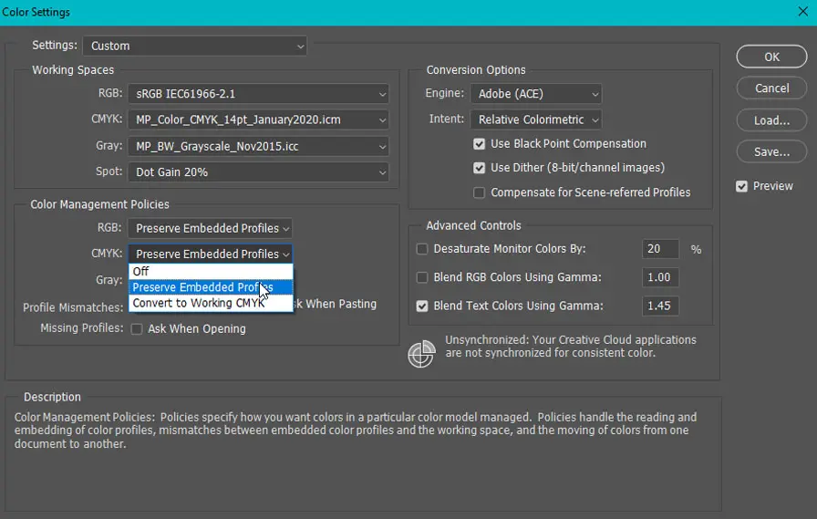 Photoshop - Color Profile Preserving Embedded Profiles for CMYK space