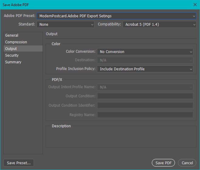 Photoshop PDF Save Settings - Output Window