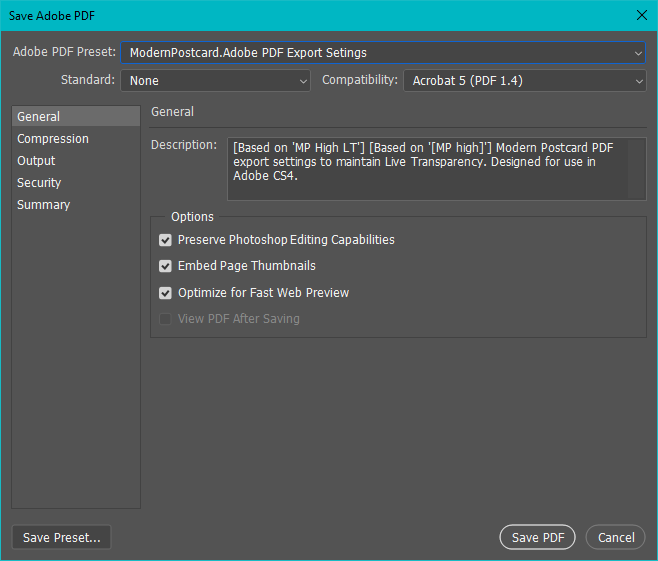 Photoshop Save as PDF - General Settings Window