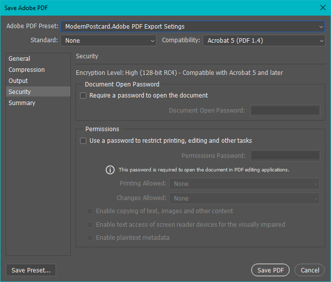 Photoshop Save as PDF Security Window