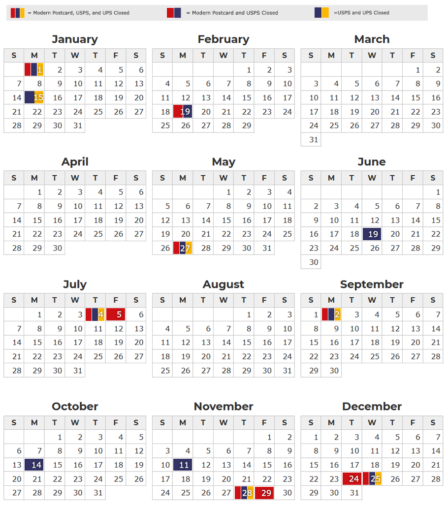 UPS USPS and Modern Postcard 2024 calendar showing holiday mail dates