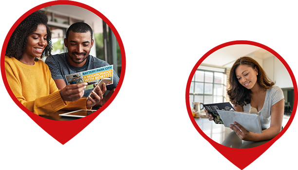 Two circular GPS icons on a red background. In one, a smiling couple reads a postcard together, and in the other, a woman in a modern home setting looks at printed material, both scenes emphasizing positive interaction with direct mail.