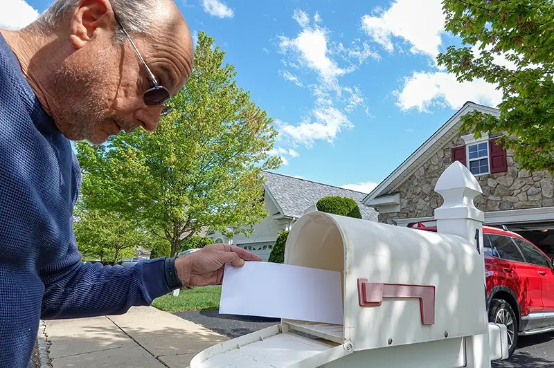 older man looks at a white envelope as he takes it out of mailbox