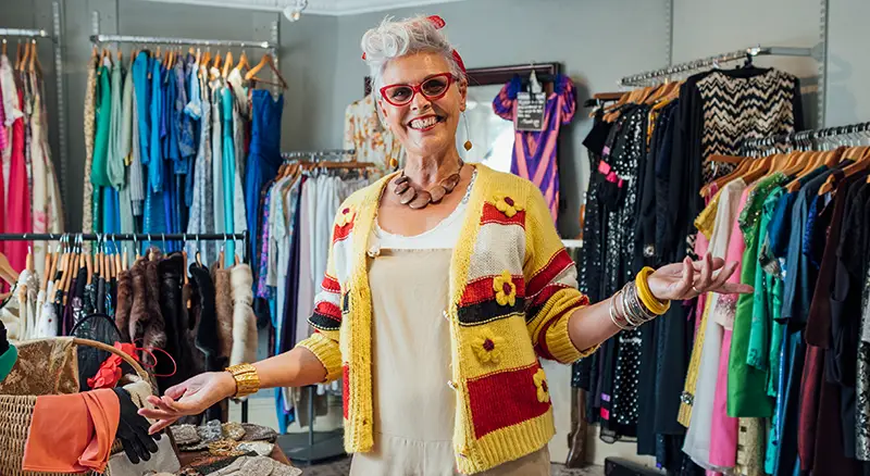 an eclectic small business owner in front of racks of colorful garments