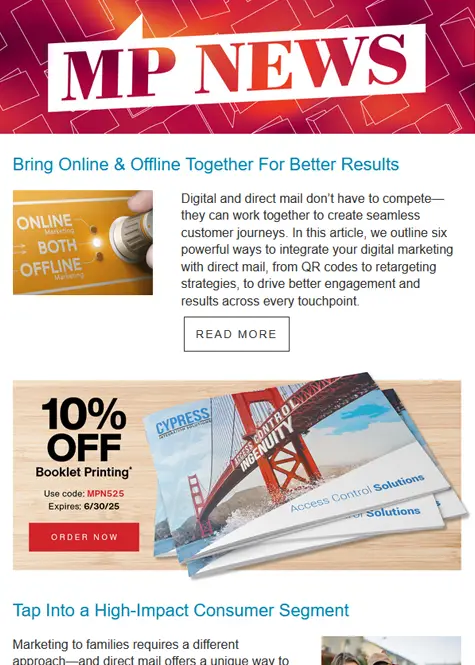 MP News May 2025 edition with the Golden Gate Bridge shown on a postcard