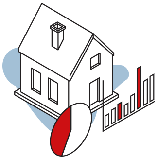 icon of a house and data charts with red highlights