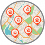 circle graphic showing households being targeted by location on a map