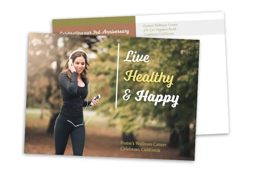 standard postcard product image with a woman jogging in a park with the words live healthy and happy