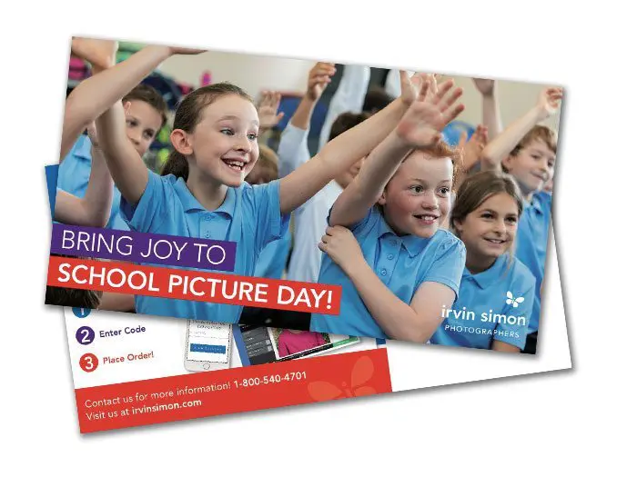 sumo size postcard product image showing a photography company design of children in uniform raising their hands